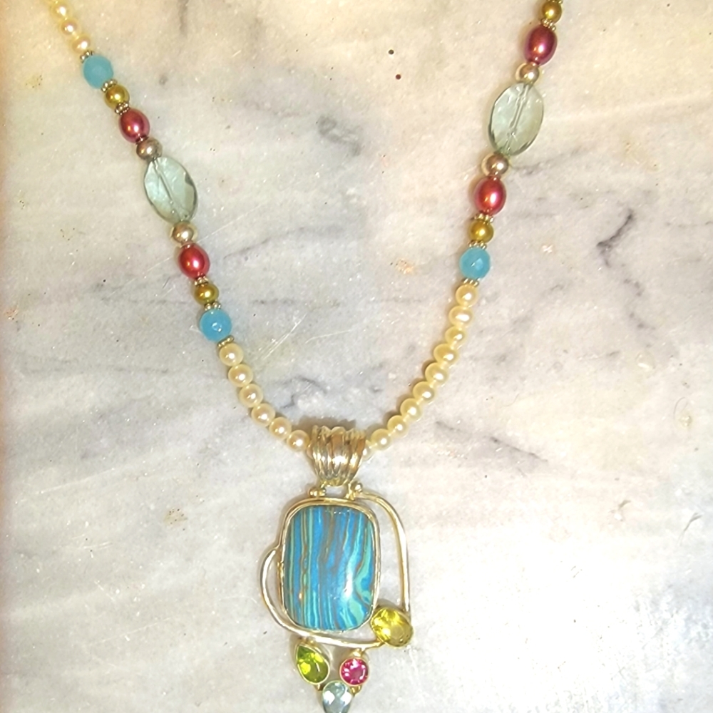 Artisan Pearl Rainbow Calsilica Topaz Tourmaline Sterling Necklace 18" Earrings - Picture 6 of 9